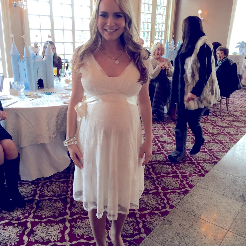 Seraphine Luxe ivory baby shower maternity dress